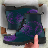 Purple Sun and Moon, Womens Leather Boots, Purple Lotus Mandala, Sun Silhouette