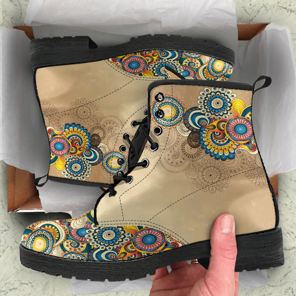 Vintage Hippie, Geometric Abstract, Women's Boots, Vegan Leather, Combat Style Boots, Beige Teal, Student Artist, Hippie Gyspy Fairy - up lai