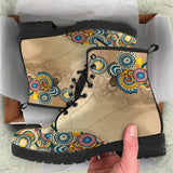 Vintage Hippie, Geometric Abstract, Women's Boots, Vegan Leather, Combat Style Boots, Beige Teal, Student Artist, Hippie Gyspy Fairy - up lai
