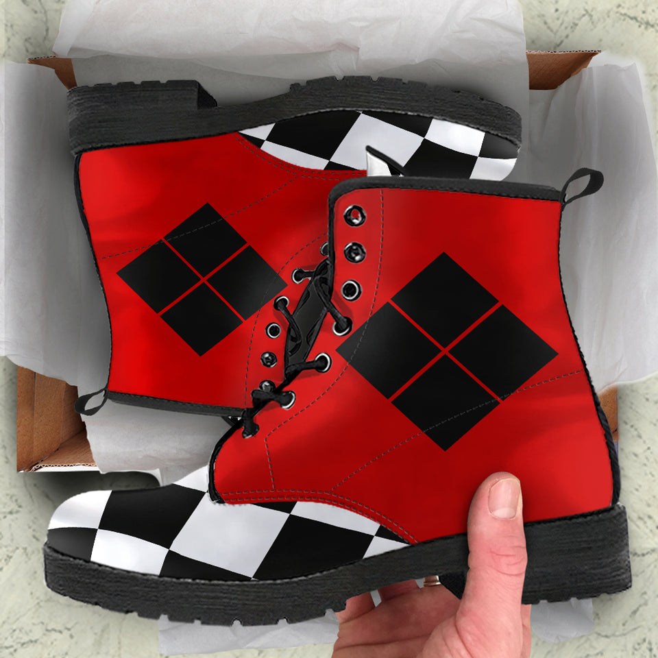 Women's Harley Quinn Inspired Vegan Boots Red Black
