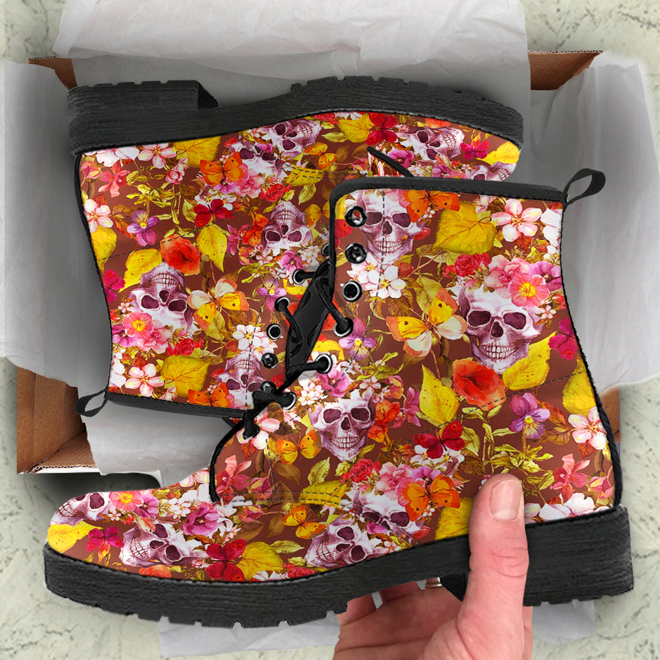 Flower Skulls, Womens Leather Boots, Vegan Leather, Handmade Crafted, Streetwear, Hippie, Floral, Festival Boots, Rain Boots, Classic Boot