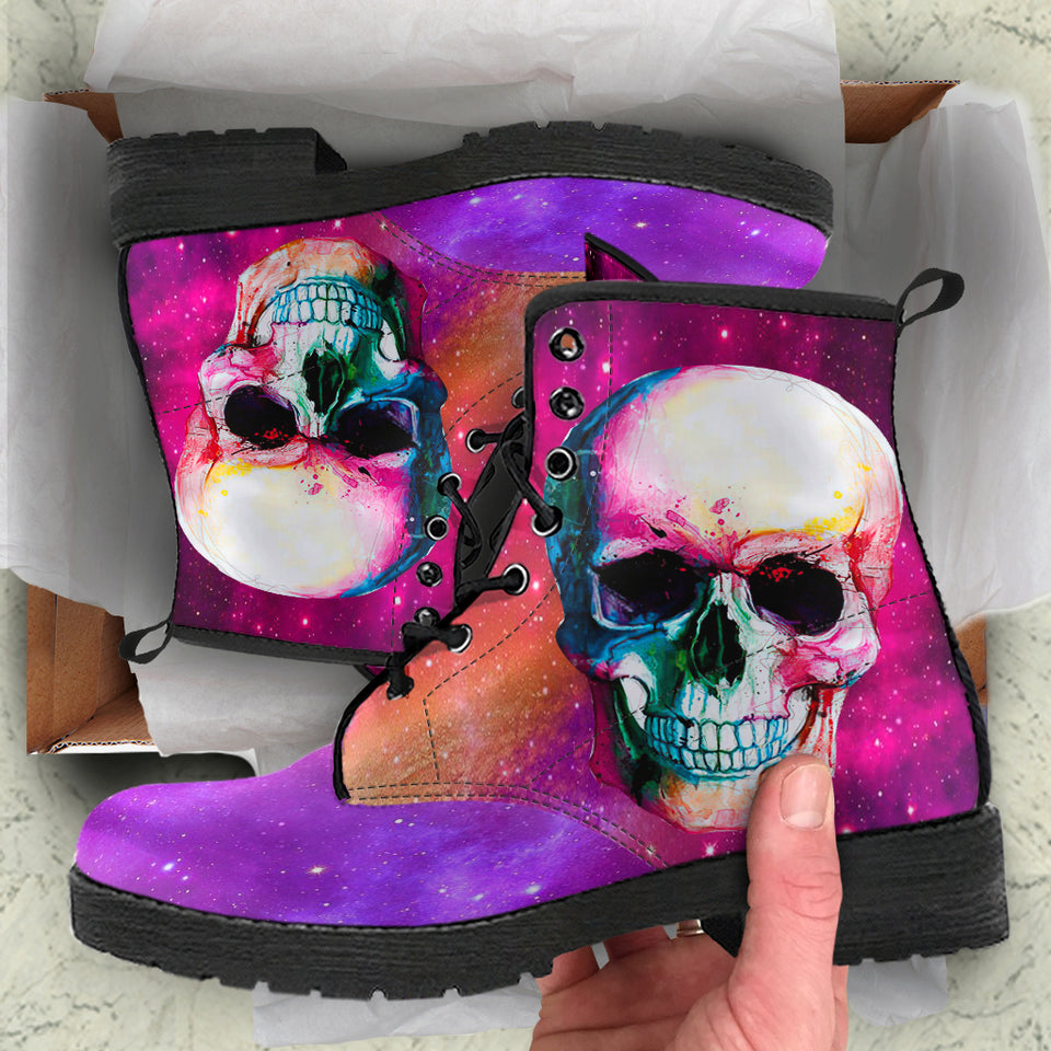 Skull and Galaxy, Gothic Hiking Boots, Women's Boots, Vegan Leather, Combat Style Boots, Emo Punk Boots, Goth Winter Boots