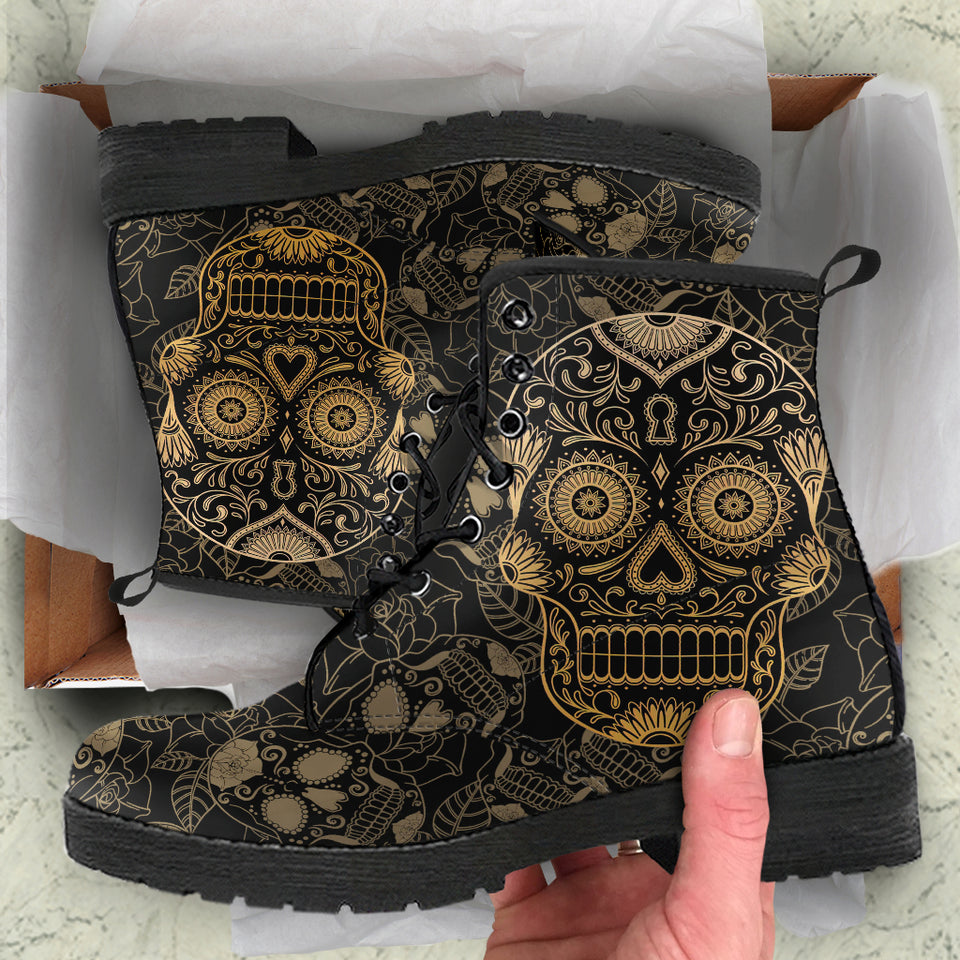 Black Sugar Skull, Dia De los Muertos, Women's Boots, Vegan Leather, Combat Style Boots, Lolita Combat Boots, Day Of The Dead