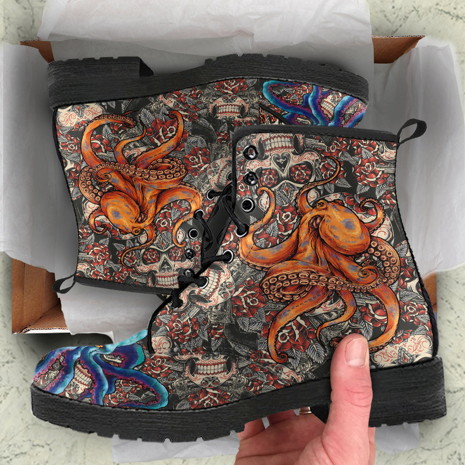 Sugar Skull Octopus, Leather Boots Women, Handmade Boots, Vegan Leather, Floral Skull, Womens Printed Shoes, Rain Boots, Streetwear