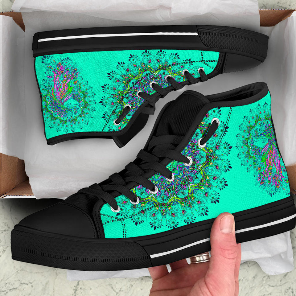 Peacock Mandala, Turquoise Teal Green high top