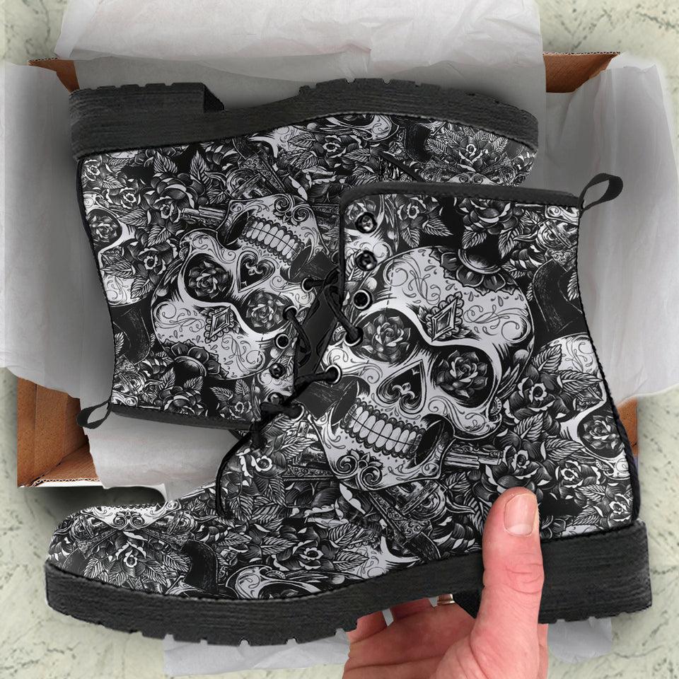 Black & White Skulls, Vegan Leather, Leather Boots Women, Handcrafted Boots, Floral, Bohemian boots, Hipster, Womens Printed Shoes