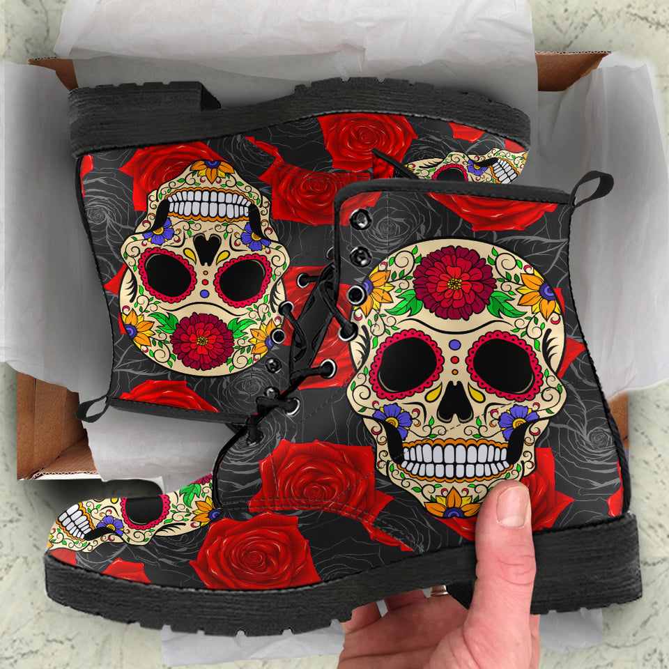 Sugar Skull Boots, Handmade Crafted, Womens Leather Boots, Hippie, Floral, Multi Colored, Vegan Leather, Streetwear, Classic Boot