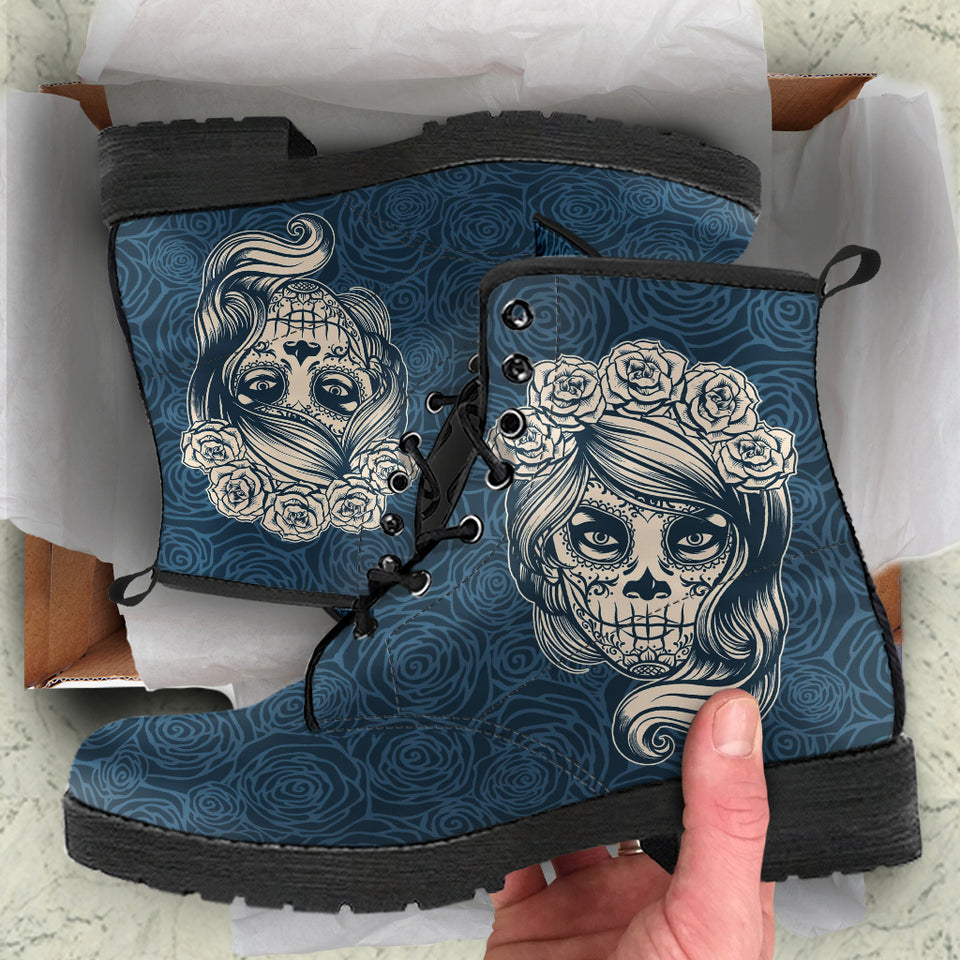 Mexican Sugar Skull, Dia De los Muertos, Women's Boots, Vegan Leather, Combat Style Boots, Lolita Combat Boots, Day Of The Dead