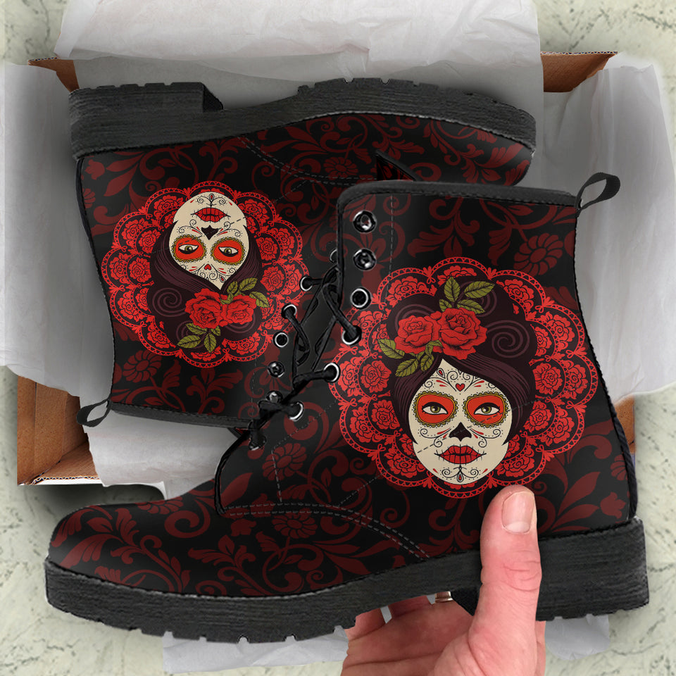 Mexican Skull Girl, Womens Leather Boots, Skull Shoes, handcrafted boots, snow boots women, Rain Shoes, womens outdoor boots, Ankle Booties