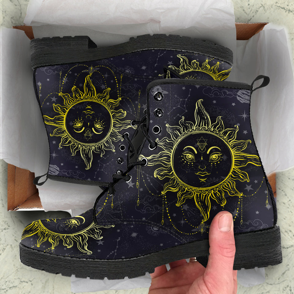 Sun and Moon, Mandala Design, Women's Boots, Vegan Leather, Combat Style Boots, Namast - up lai