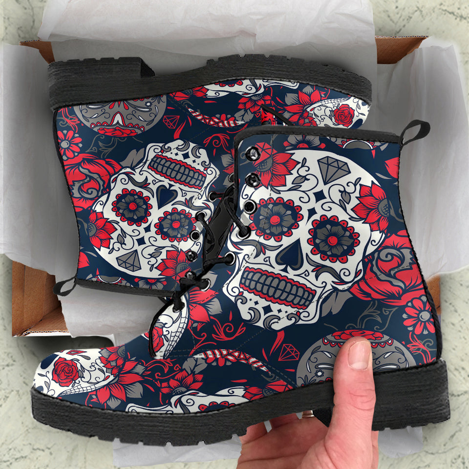 Red Sugar Skull, Dia De los Muertos, Women's Boots, Vegan Leather, Combat Style Boots, Lolita Combat Boots, Day Of The Dead