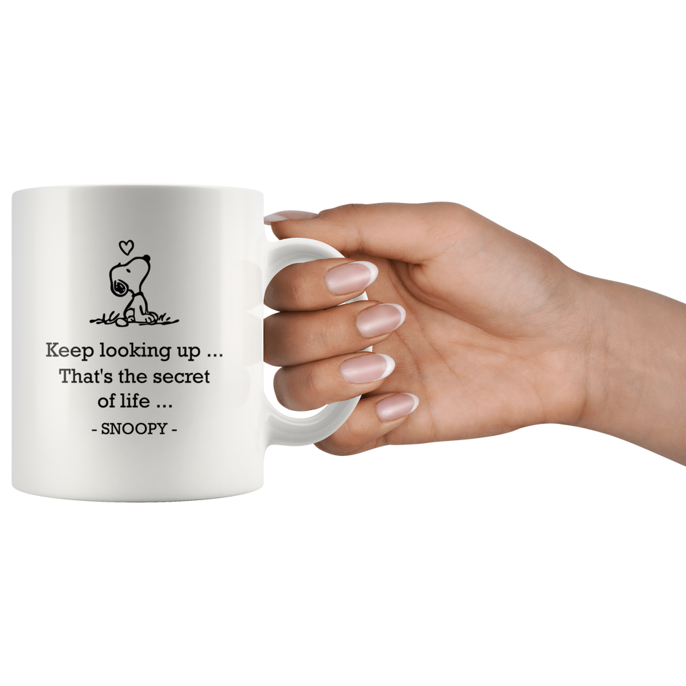 Keep looking up. That's the secret of life Coffee Mug, Snoopy Looking Up Mug, Dog Lovers Gift For Wife, Husband, Mom, Dad, Girlfriend, Boyfriend 11oz - TL